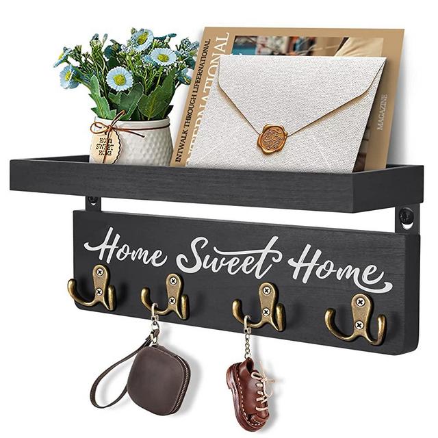 Key Holder for Wall Decorative,buways Rustic Wooden Key Hanger for Wall with 4 Double Key Hooks, Farmhouse Key Holder Rack and Mail Organizer for Home Entryway Decor(Black)