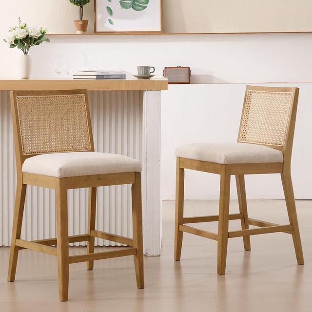 RIVOVA 26.5" Rattan Bar Stools Set of 2 Modern Linen Fabric Upholstered Counter Height Bar Stools, Kitchen Island Barstools with Rattan Back, Natural Finish Wood Legs Bar Chairs, Beige