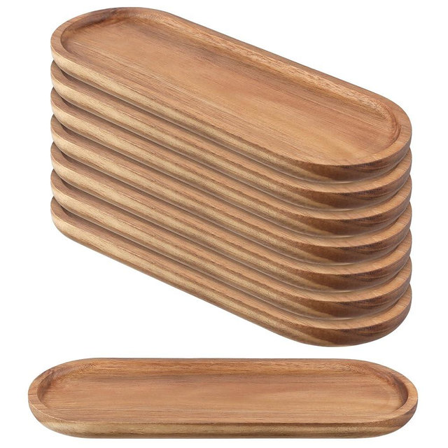 JIAYUET 8 Pack Oval Wood Serving Tray, 11.4 x 4.1 Inch Wooden Platter for Food, Fruit, Snacks, Appetizers, Wedding