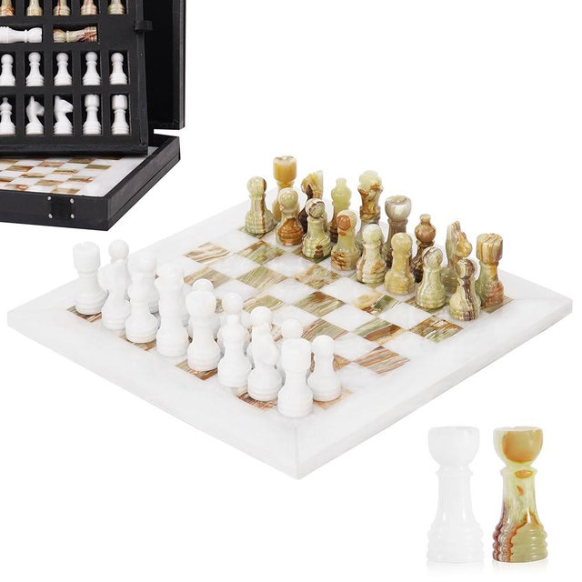Marble Chess Set for Adults 10" Handmade White & Green Onyx Board Game with 32 Chess Pieces, 2 Extra Queens & Storage Box, Luxury Travel Game, Elegant Gift for Home Decor