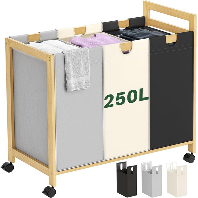 Homykic 250L Laundry Sorter Cart with Wheels, 3-Section Rolling Laundry Basket with Removable Bags, 66 Gal Large Laundry Hamper Organizer, Heavy Duty Bamboo Frame, Water-Resistant, Multicolor