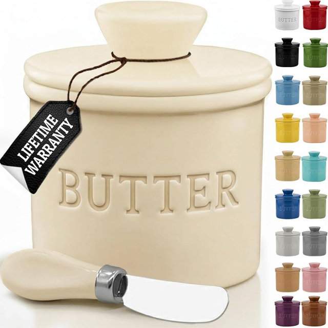 PriorityChef Butter Crock with Lid with Water Line,Ceramic French Butter Dish to Leave On Counter, Cannoli Cream