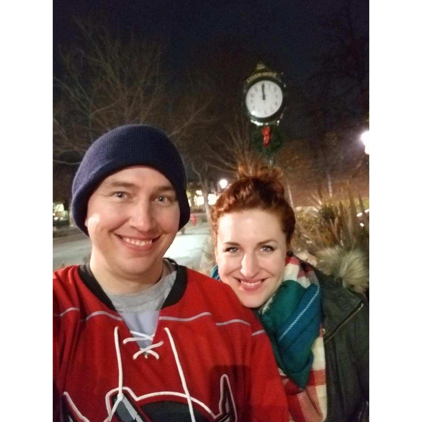 Our first New Year's Eve together - see the clock striking midnight in the background!