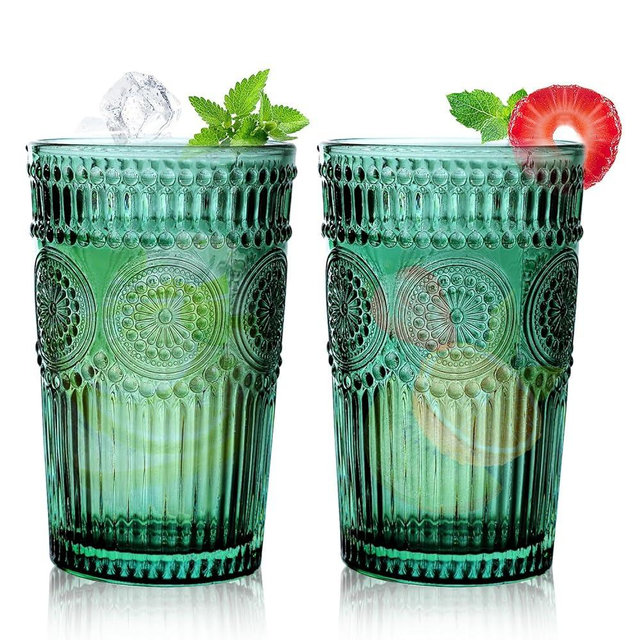 Loivttvv Vintage Drinking Glasses Set of 6, 13 oz Atroviens Highball Glasses, Embossed Ribbed Glassware Cups for Cocktail, Water, Juice, Coffee, Whiskey