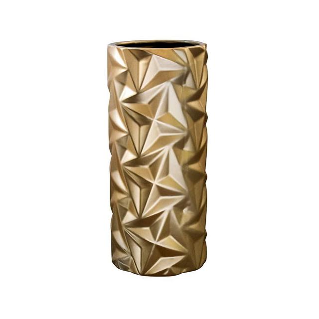 Flower Glass Ceramic Vase Decorative Centerpiece for Home or Wedding, Geometric Cylinder Shape, 4.75"x10.75", Gold