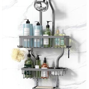 YASONIC Shower Caddy Hanging - Never Rust Organizer - Aluminum over The head caddy with 10 Hooks for Razor/Sponge - Shower Rack with Soap Basket - Grey