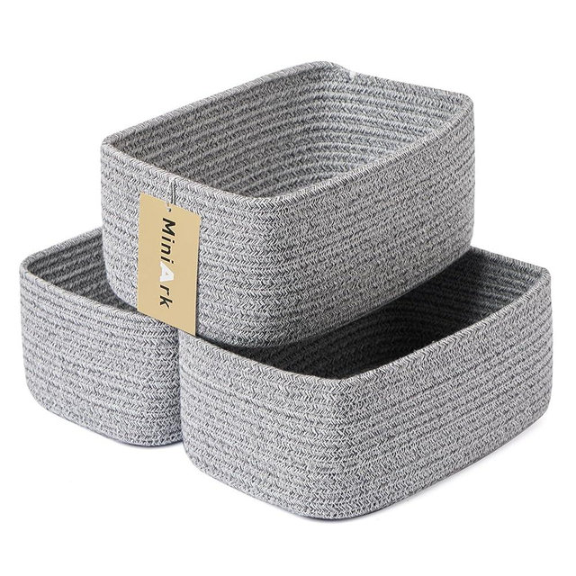 MiniArk Shelf Storage Baskets for Organizing | Closet Organizer Bins | Small Baskets | Toy Basket | Cute Decorative Basket | Cube Storage Bin | Woven Rope Basket | 11.5×7.5×4.7” | 3 Packs Mixed Grey