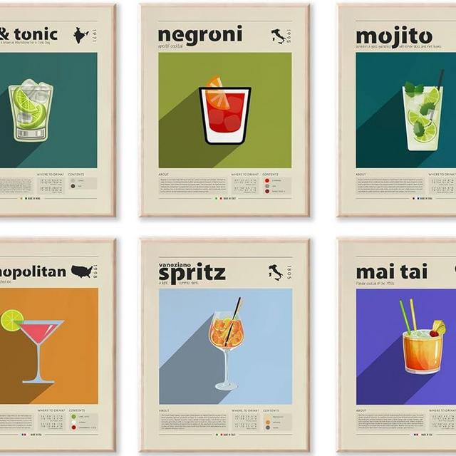 Cocktail Mixology Poster, Vintage Colorful Liquor Drink Alcohol Bar Wall Art for Home Bar Decor, Cocktail Wall Art Print Aesthetic for Girls Party Apartment Dorm Kitchen Bar Decoration, Funky Trendy Canvas Prints Preppy Room Decor(8x10inx6,unframed)