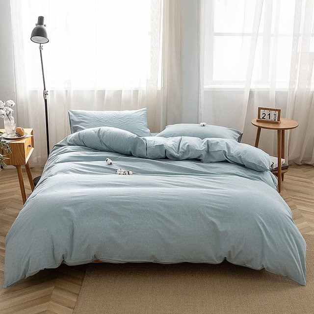FACE TWO FACE Bedding Duvet Cover Set 3 Pieces 100% Washed Cotton Duvet Cover Linen Like Textured Breathable Durable Soft Comfy (California King, Light Blue)