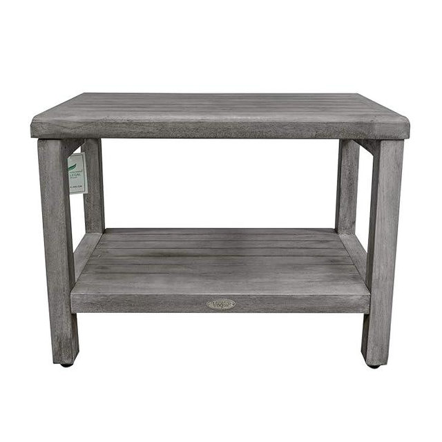CostalVogue Eleganto 24 Iinches Long Gray Color Waterproof Teak Wood Shower Bench Stool Seat Chair for Inside Shower Provides Safety, Storage, and Organization for Bathroom Accessories