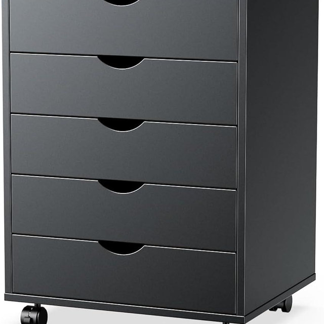 Sweetcrispy 5 Drawer Chest Mobile Storage Cabinets Small Wooden Dresser with Wheels Room Organization Furniture for Office Home, Dark Black Wood