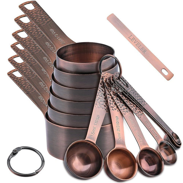 Smithcraft Measuring Cups and Spoons Set 14, Copper Measuring Cups and Spoons Set, Stainless Steel Measuring Cups and Spoons Set, 6 Metal Measure Cups&7 Measuring Spoons w/Leveler for Kitchen&Baking