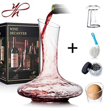 YouYah Wine Decanter with Drying Stand, Stopper, Brush and Beads,Red Wine Carafe, Wine Accessories, Wine Gift, Hand Blown 100% Lead Free Crystal Glass(Classic)