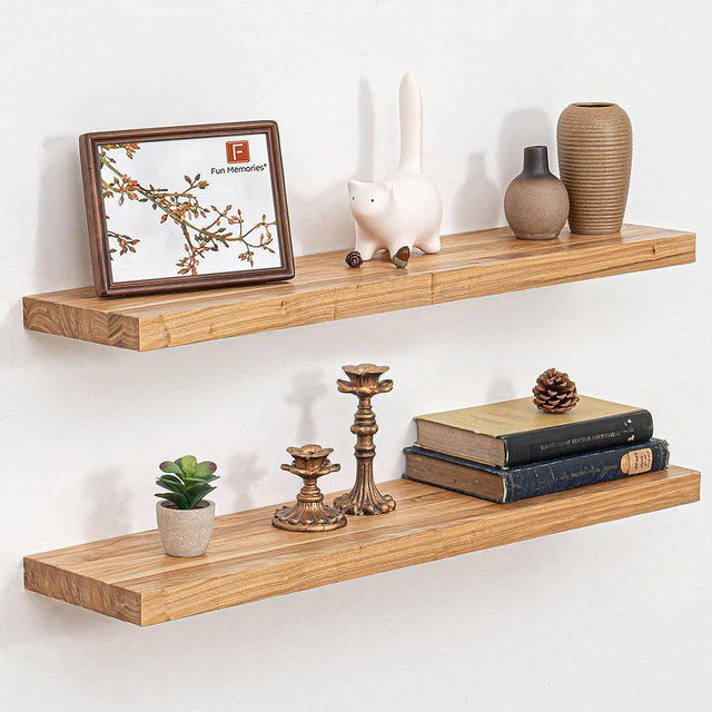 Floating Shelves for Wall, 32" Flat Edge Solid Elm Wood Floating Shelf, Wall-Mounted Display Shelves with Invisible Heavy-Duty Metal Bracket, Floating Shelf for Kitchen (Natural, Set of 2)