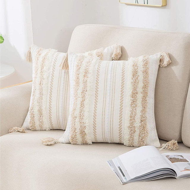 decorUhome Set of 2 Boho Decorative Throw Pillow Covers for Bed Bedroom Neutral Accent Cushion Cover Tufted Woven Pillow Case, 18x18, Khaki and White