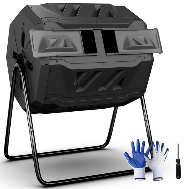 SUPER DEAL Outdoor Compost Tumbler, 43 Gallon Dual Chamber BPA Free Large Compost Bin 360° Rotating Tumbling Composter for Garden Yard, Black