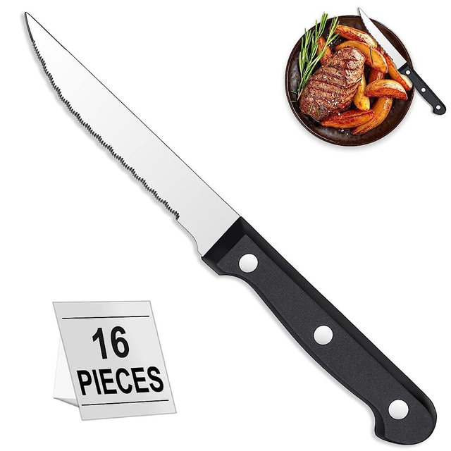 BEWOS Steak Knives Set of 16, Triple Rivet Steak Knives, Serrated Steak Knives, Stainless Steel Serrated Blades (4.5”), Sharp Knifes, Dinner Knives, Dishwasher Safe, Knives Set for Home or Restaurant