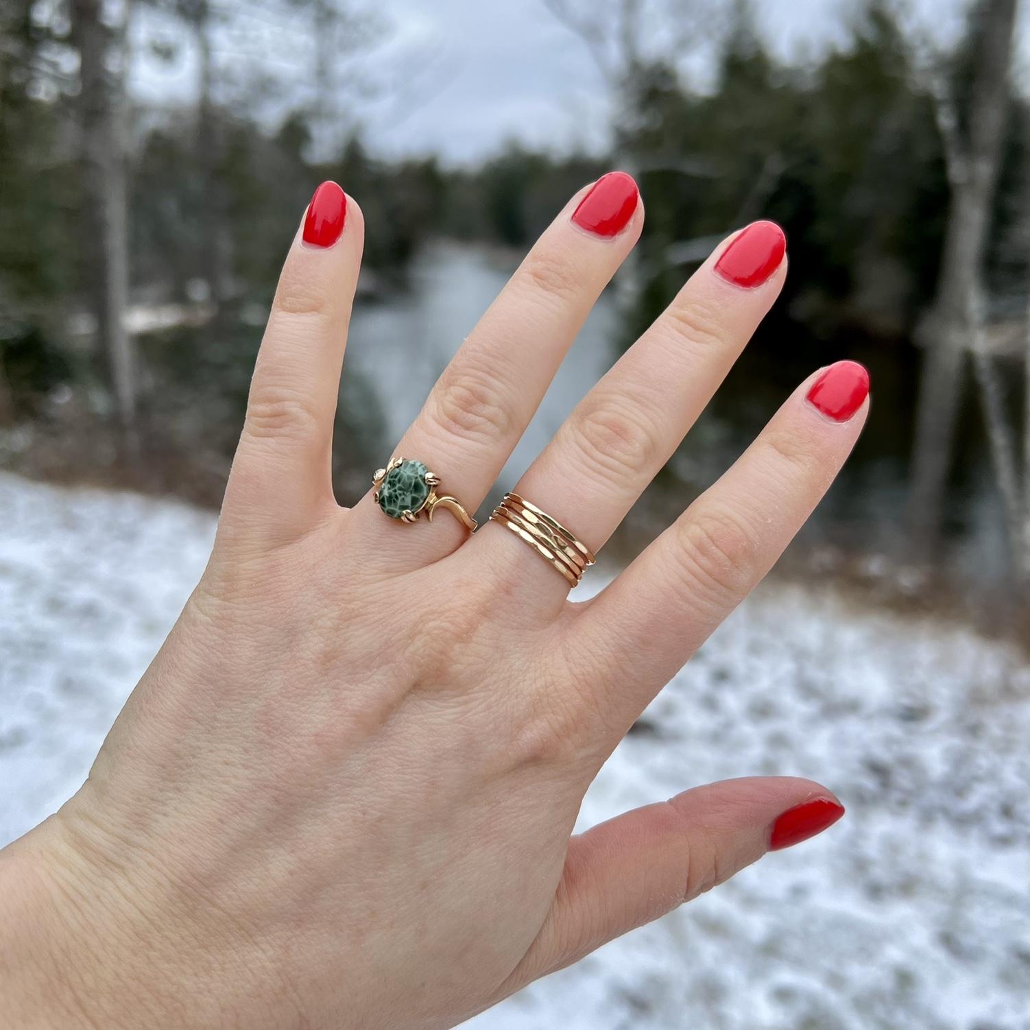 My vintage engagement ring is Isle Royale Greenstone, Michigan’s state gemstone. It can only be found on Isle Royale and in Lake Superior around the Keweenaw peninsula ♥️