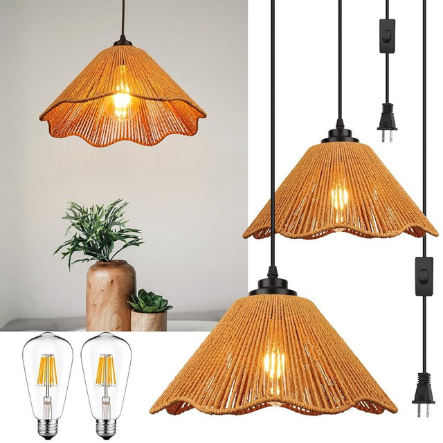 tebio Plug in Pendant Light, Rattan Hanging Lights with Plug in Cord 13FT Hemp Black Cord, On/Off Switch Chandelier for Boho Living Room Bedroom Kitchen（Bulb Included） Brown-12 x 6 inch - 2 Pack
