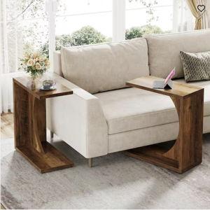 Kerlin 23.62 in. Rustic Brown C-Shaped Wood End Table (Set of 2), Sofa Side Table Couch Table for Small Space