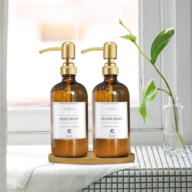 Duvein 2 Pack Amber Glass Soap Dispenser,Rustproof Stainless Steel Pump,16oz Thick Farmhouse Amber Bottles Jar for Bathroom Kitchen Accessories,Lotion Dispenser Pump Glass Bottle (Gold Pump&Wood Tray)