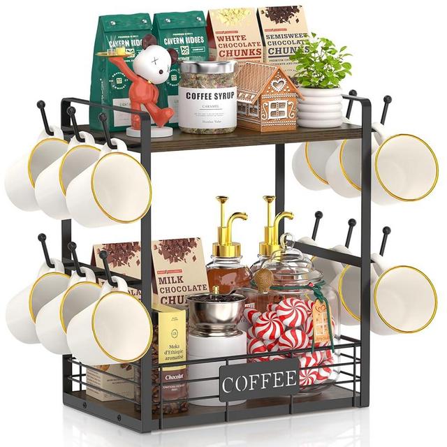EsLuker.ly Coffee Bar Station Organizer Mug Cup Holder Stand for Countertop, Multi-Functional 2 Tier Mug Tree Rack for Kitchen, Storage Shelf with 12 Hooks, Brown-Black(Patented Design)