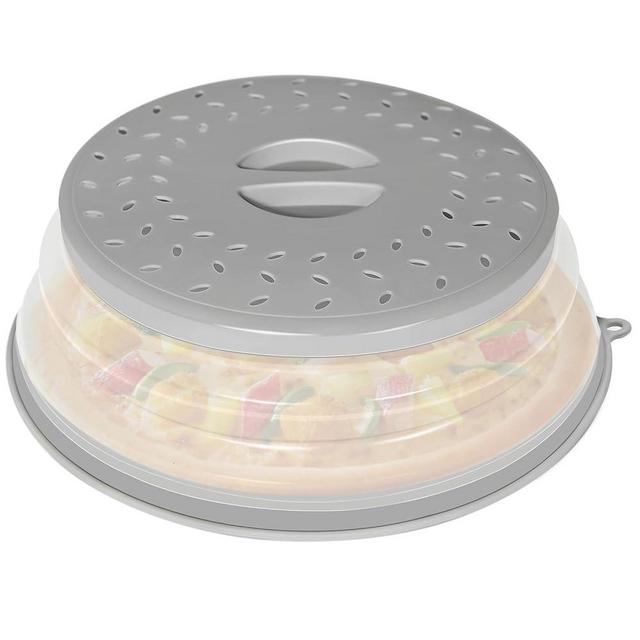 CasaCulina Collapsible Microwave Splatter Cover, Vented Microwave Lid with Hook Hole, Splatter Guard for Plate Dish Bowl, Vegetable Fruit Colander Multi-function Kitchen Gadget, BPA-Free (Grey)