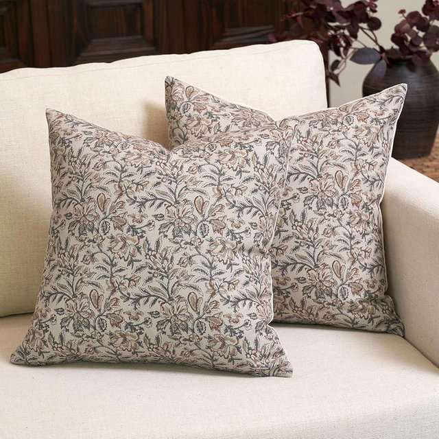 Amor Virisso Floral Throw Pillow Covers 18x18 Set of 2 Couch Pillows for Living Room Farmhouse Vintage Block Print Pillow Covers Decorative Pillow Covers Accent Sofa Pillows, Green/Sand