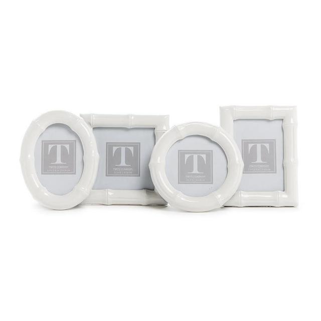 Two's Company Set of 4 High Gloss Faux Bamboo Photo Frame, Includes 4 Shapes, Resin and Glass, White, Home Decor Accessories