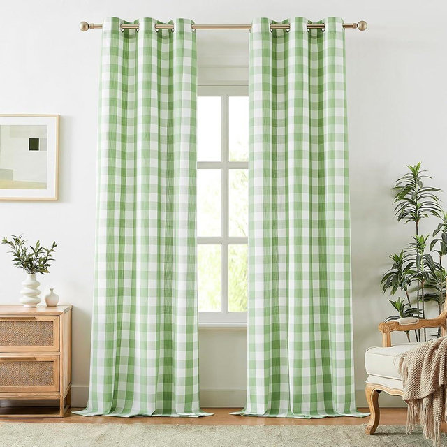 Jubilantex Buffalo Check Semi Sheer Curtain Panels Green and White Gingham Curtains Farmhouse Style Grommet Top for Living Room Bedroom 40"x84",2 Pcs