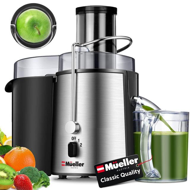 Mueller Juicer Ultra Power, Easy Clean Extractor Press Centrifugal Juicing Machine, Wide 3" Feed Chute for Whole Fruit Vegetable, Anti-drip, High Quality, Large, Silver