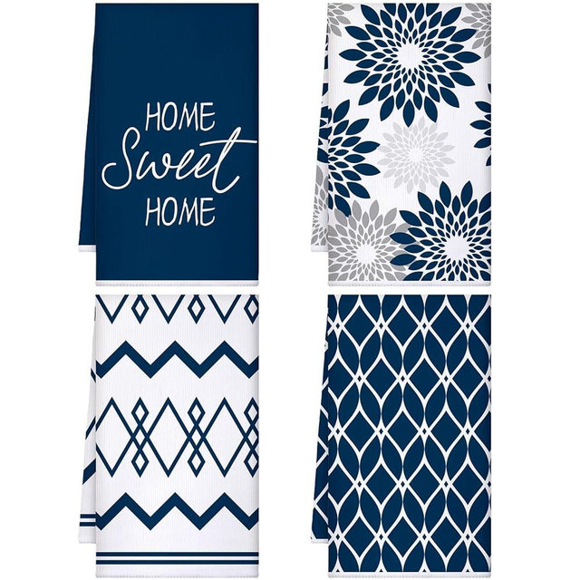 Kajaia 4 Pcs Boho Kitchen Towels Floral Dish Towels Geometric Tea Towels Modern Decorative Hand Towels Absorbent Plaid Blue Towels for Home Bathroom Housewarming Gifts