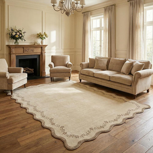 GarveeHome 5x7 Scalloped Area Rug Tan Jute Washable Rugs for Living Room Bedroom, Soft Low Pile Non Slip Accent Floor Mat Solid Floral Print Throw Rug Farmhouse Indoor Carpet for Dorm Playroom