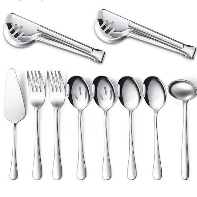 Patelai Serving Utensils Set Include Stainless Steel Large Spoons Slotted Spoons Forks Tongs Soup Ladle and Pie Server for Parties Buffet Catering, Dishwasher Safe(Silver,10 Pieces)