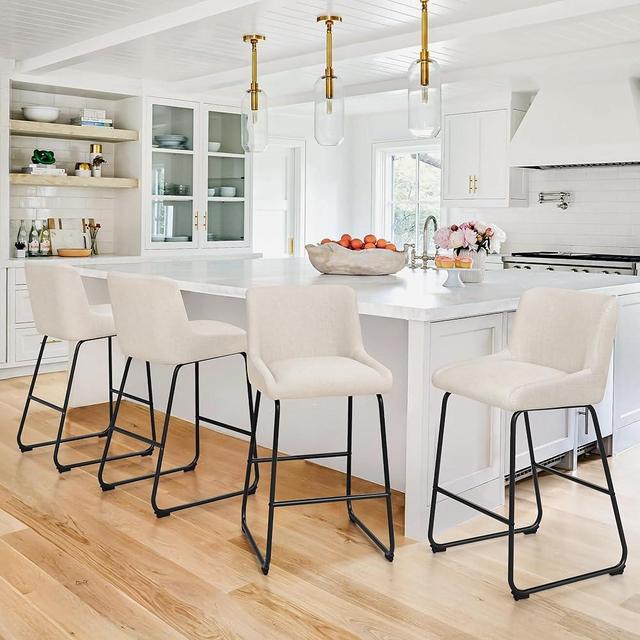 LUE BONA 26 Inch Bar Stools Set of 3, Linen Upholstered Barstools, Counter Height Bar Stools with Back, Comfortable Bar Chairs, Modern Counter Stools for Kitchen Counter Island