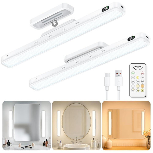 WILLED 5W Mirror Lights with Remote Control,Eye-Friendly Vanity Lights Stick on,Adjustable Color Temperatures Makeup Light with Battery Level Display,Rechargeable Light bar for Bathroom(2 Pack)