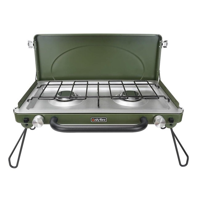 ONLYFIRE Portable Camping Stove 2-Burner, Propane Camp Stove with Foldable Legs, Camping Grill Stove with Adjustable Burners, Heavy-Duty Latch & Handle for Camping Tailgating RV BBQ, Green