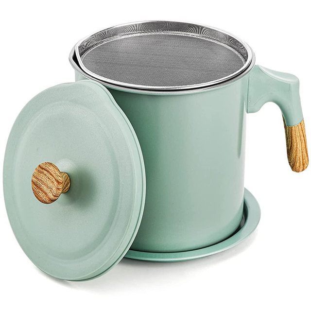 Lyellfe Bacon Grease Container with Strainer, 1.4L/48 Oz Stainless Steel Oil Filter Pot for Kitchen, Green Cooking Oil Storage Container for Used Cooking Oil, Fat and Frying Oil