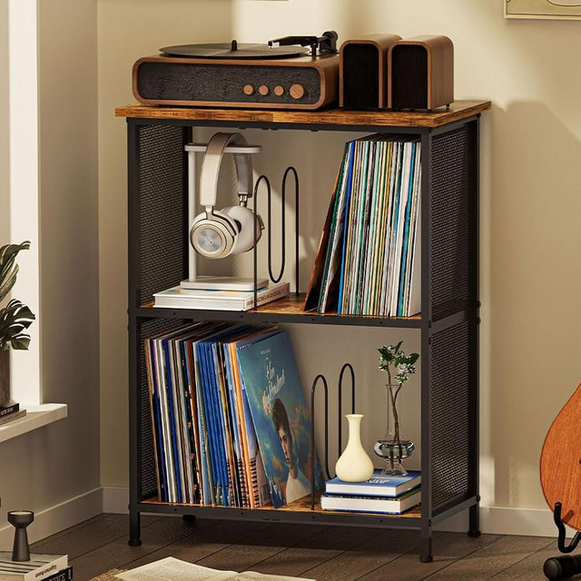 Record Player Stand with 3 Adjustable Dividers, Vinyl Record Storage Up to 250 Albums, 3-Tier Vinyl Storage Holder with Open Wooden Desktop for Living Room, Bedroom, Office