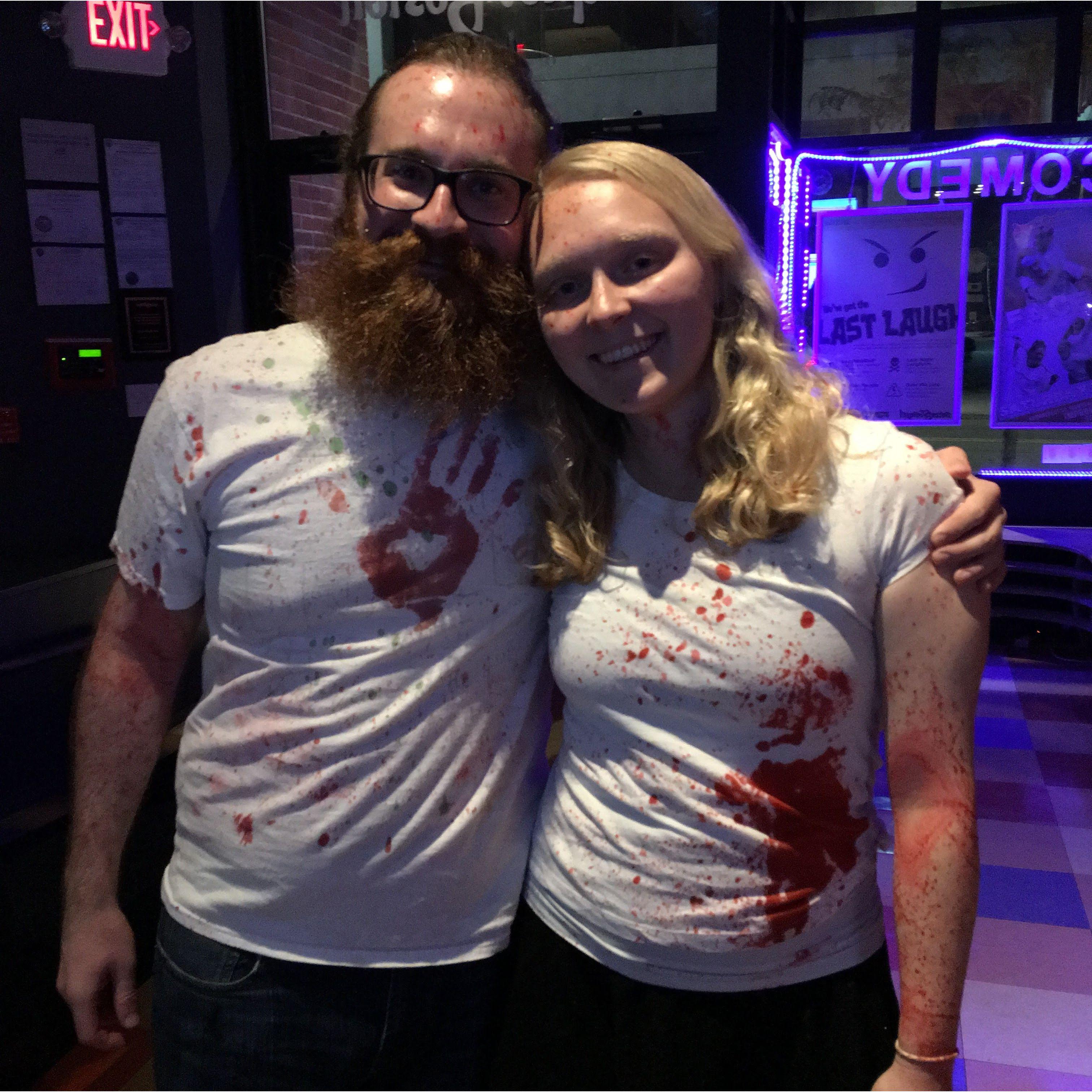 As far as either of us can tell, this is our first photo together -- fittingly, at a horror improve night called Gorefest.