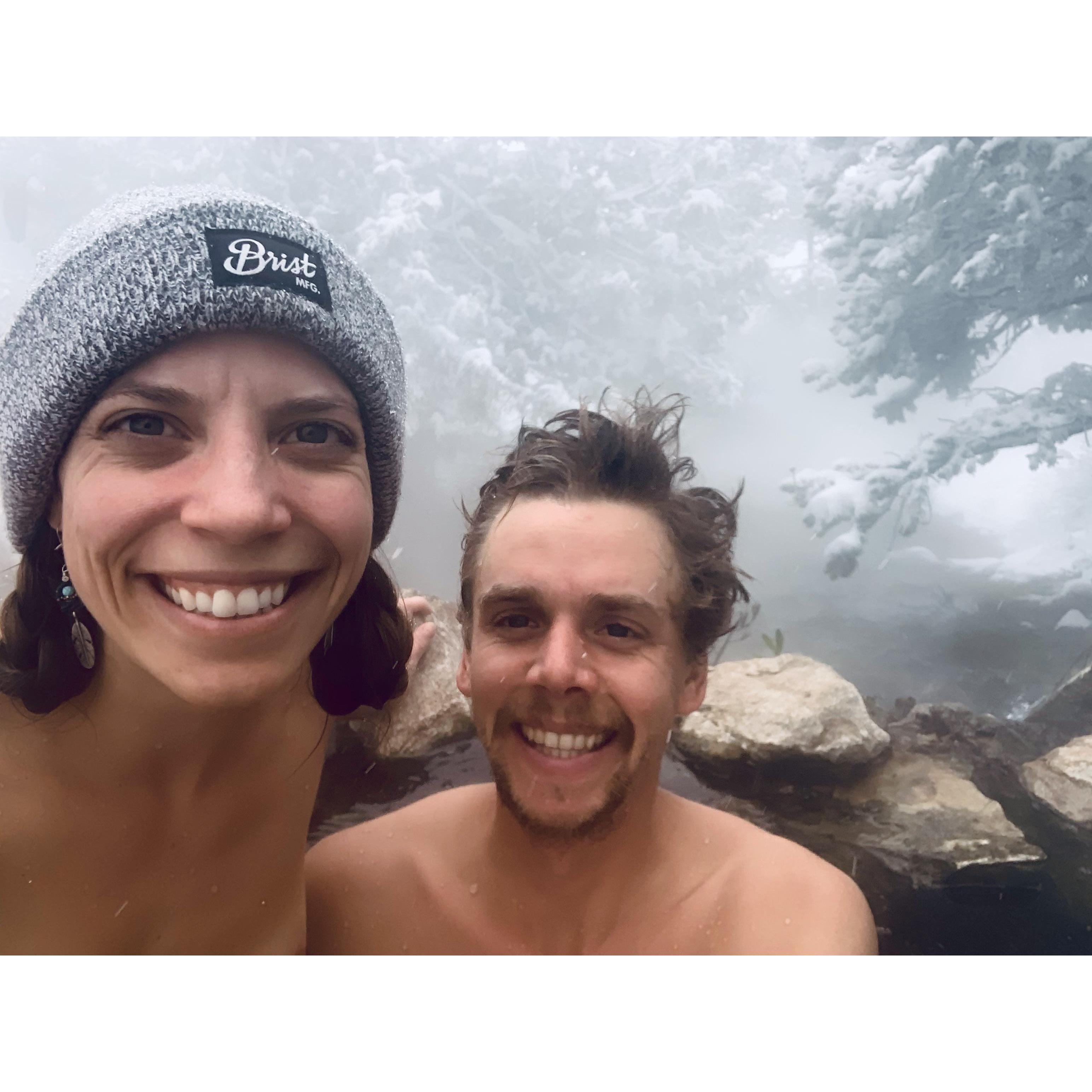 After we got engaged at our favorite hot springs in Colorado.