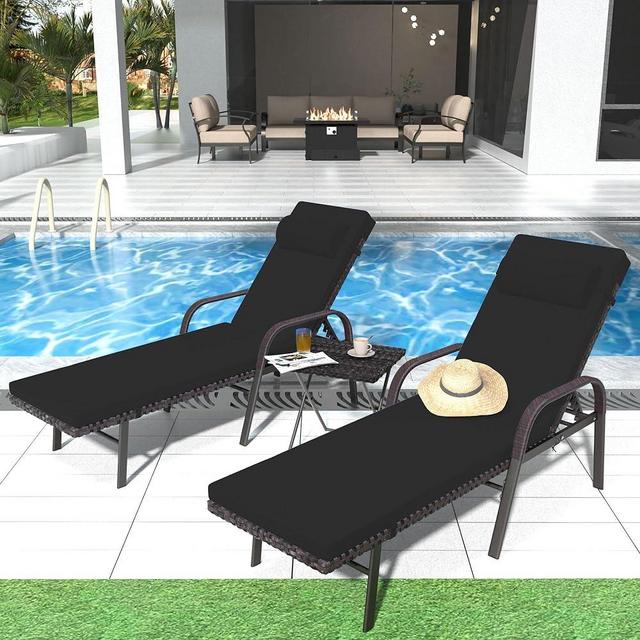 Trumbeak Lounge Chair 3 Pieces Chaise Lounge Chairs Set,Outdoor Folding Lounge Chairs with Rattan Adjustable Backrest Armrest and Folding Table for Beach Patio,Black
