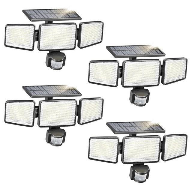 Philips Solar Security Light Outdoor 302 LED 1200lm，Solar-Powered Waterproof Wall-Mounted Flood Light w/PIR Motion Sensor, 3 Heads, IP65 Waterproof, 3 Modes (4 Packs)