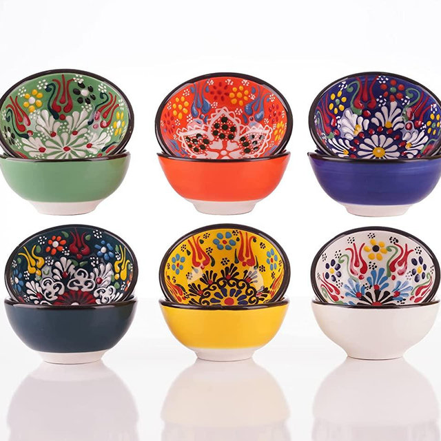 BCS Ceramic Pinch Bowls (set of 6) for Dipping Sauces & Cooking Prep - Small Serving Bowls - Charcuterie Bowls - Soy Sauce Dish - Multicolor Handmade Decorative Turkish Pottery (3.2'' – 2.5 oz)