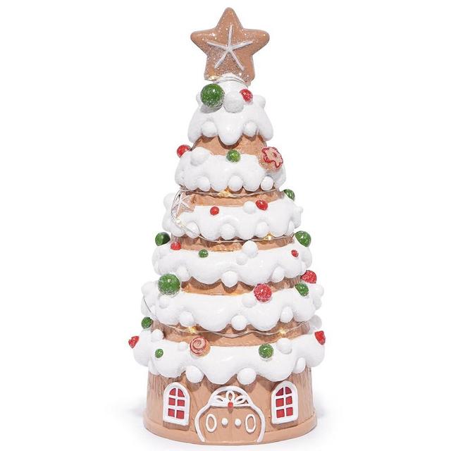 Hodao Gingerbread House Decoration with Tree Theme, Battery-Powered (2 AAA) 8.6" H Resin Christmas Tree Decor for Indoor Festive Home or Party