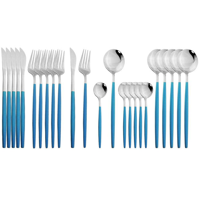 JASHII Flatware Serving Set 24 Piece, Stainless Steel Silverware Set, Blue Silver Cutlery Set, Modern Elegant Tableware Set for Party, Christmas, Dinner (Blue Silver)