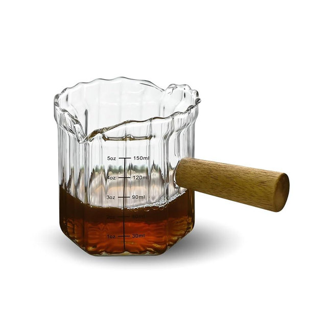 Denovin Glass Measuring Cup, 5oz Espresso Shot Glass with Wood Handle, Double Spouts Measuring Triple Pitcher Milk Cup for Coffee Tea (Transparent Ribbed)