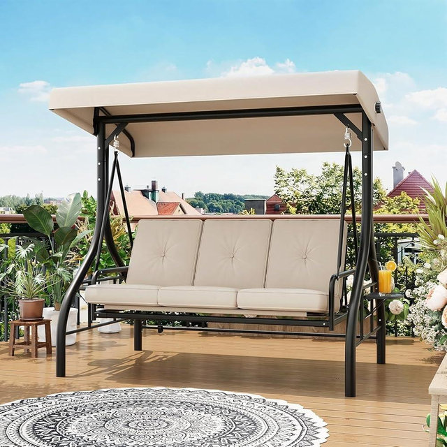 3-Seat Outdoor Porch Swing with Adjustable Canopy, Convertible Patio Swing Bed with Stand, Thick Cushions, Pillows & Cup Holders, Weather-Resistant Steel Frame for Backyard, Garden, Porch, Beige