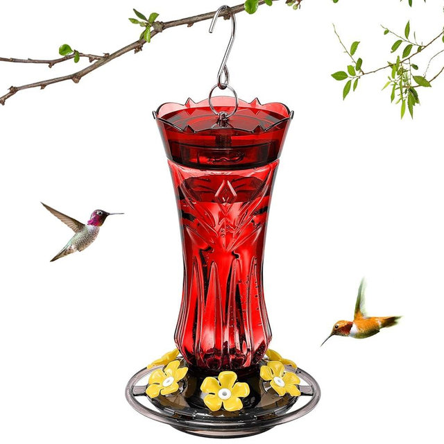 Jealoeur Hummingbird Feeder for Outdoors Hanging, 18 OZ Humming Birds Feeders with 6 Bee Guard Feeding Ports & Built-in Ant Moat, Easy to Clean, Durable Outdoor Garden Decor, Red