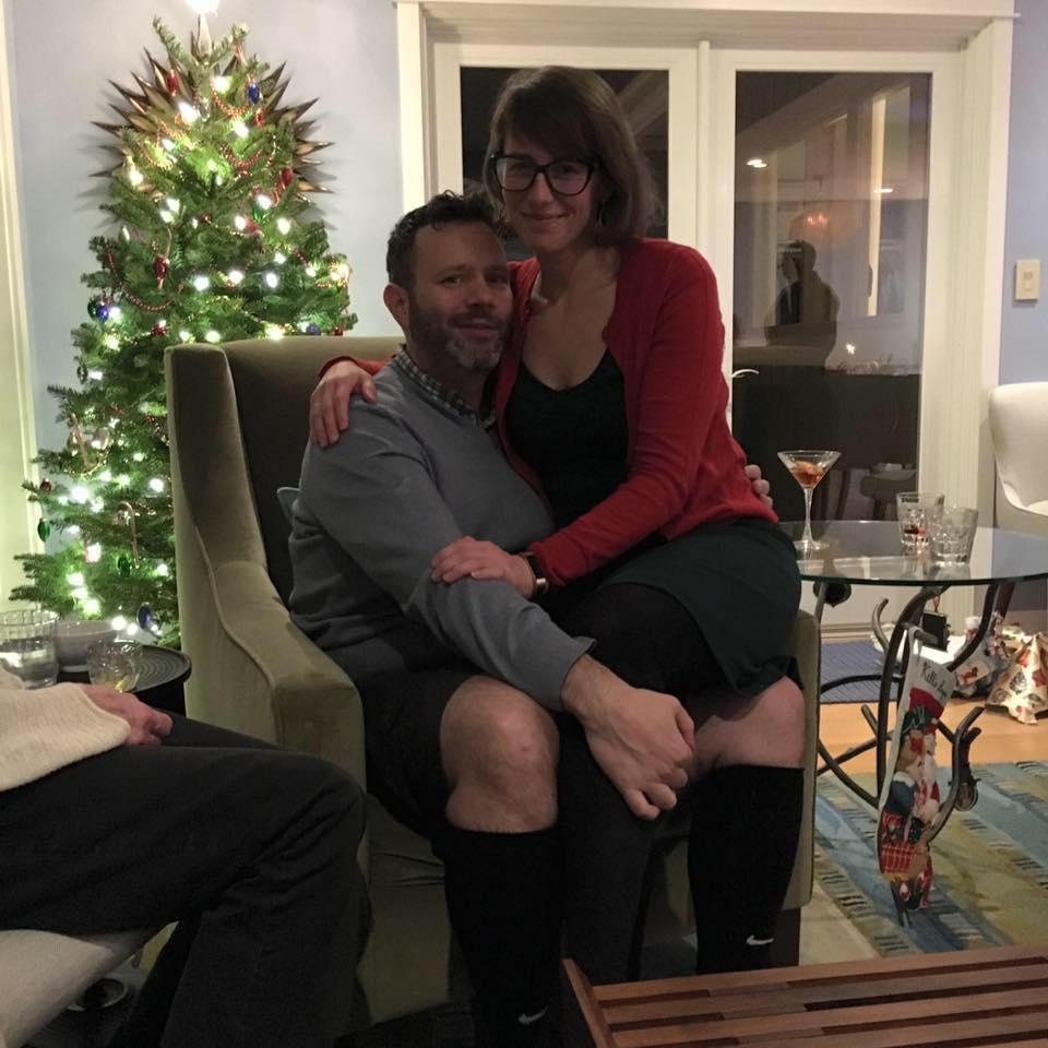 A photo of us at the famed Christmas Boats party, two years after the night we met. Note that Jeremiah still rocks his tall socks!